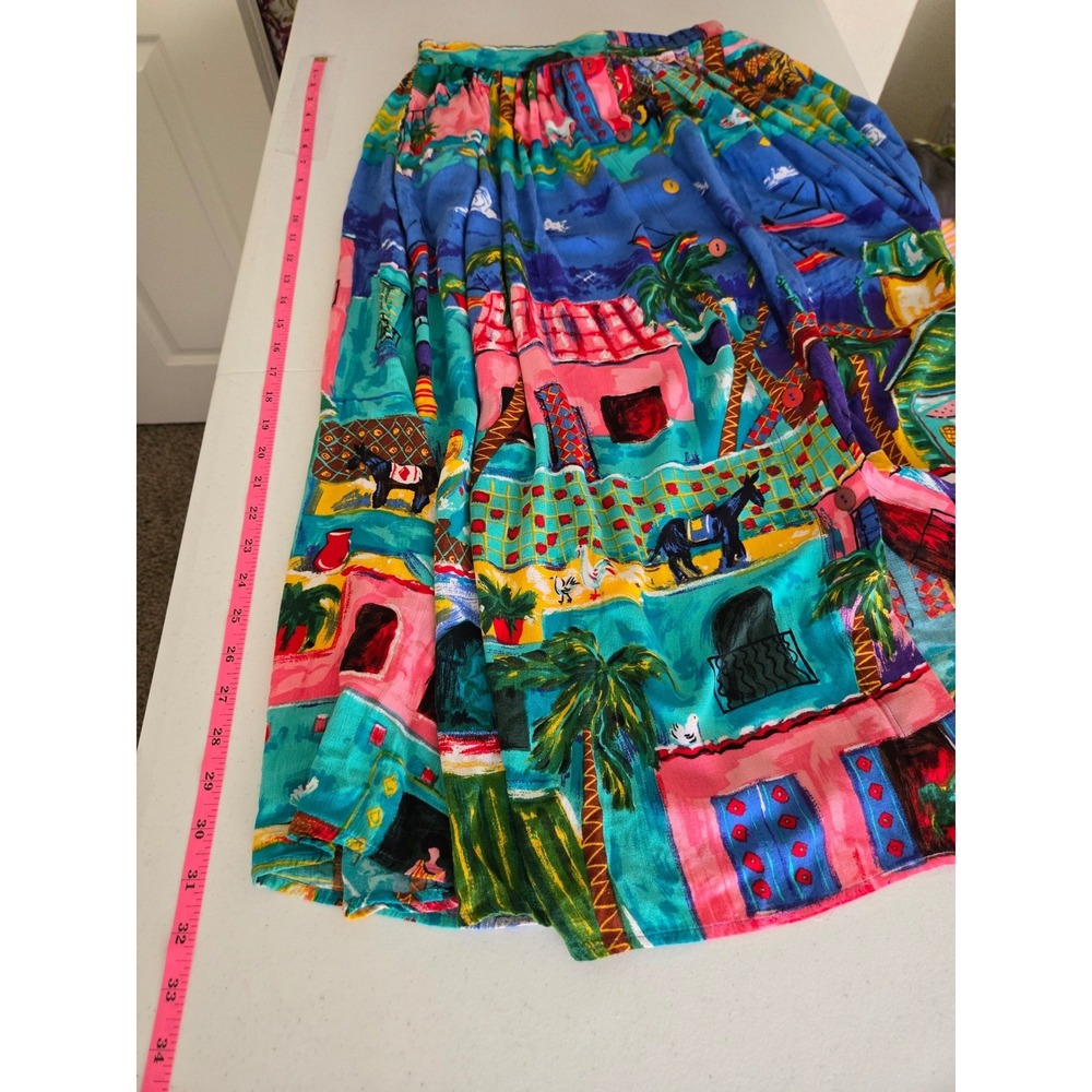 Vintage Carole Little Womens 4 Midi Skirt Multicolor Tropical Village Rayon USA - Picture 10 of 11